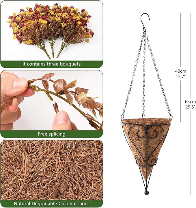 Homsunny Artificial Faux Fall Hanging Flowers Plants Basket for Outdoor Decoration,Fake Silk Orange Mums planters UV Resistant Look Real for Home Porch Patio Yard Outside Autumn Decor (Brown)