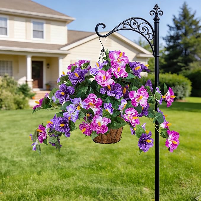 Artificial Flowers for Outdoors Indoors,2 Bunches Fake Hibiscus with Realistic UV Resistant Silk Flower Fabric Leaves,Faux Plants Outside for Patio Garden Yard Poch Decor (Purple,Fuchsia)