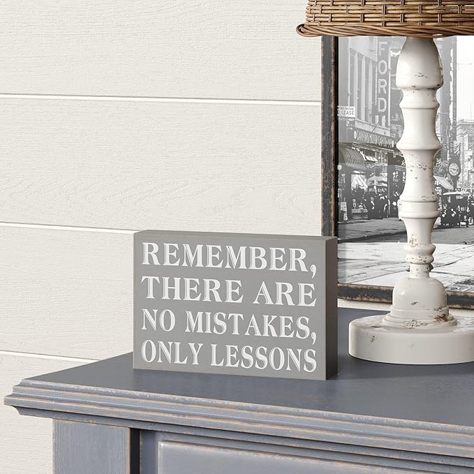 Barnyard Designs Wooden Box Sign Motivational Desk Decor, Inspirational Office Desk Decorations for Women Office Bathroom Shelf Décor (No Mistakes)