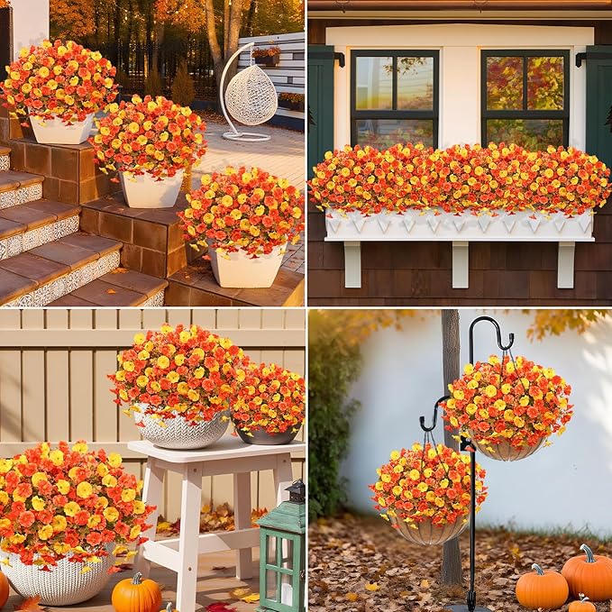 MARTINE MALL 12 Bundles Artificial Fall Mums Flowers for Outdoors, Faux Mums for Outdoor Planters, UV Resistant Fall Flowers Artificial for Outdoors Front Porch (Orange & Yellow)