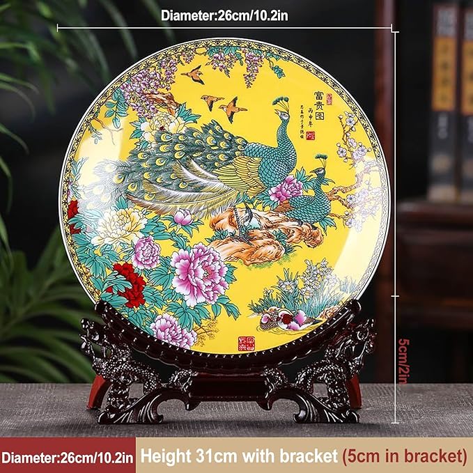 LIYAOLI Decorative Plates for Display,2024 Chinese Classical Colorful Peacock Birds and Peony Flowers Plate Decor Handmade Art Decor for Display Living Room Table
