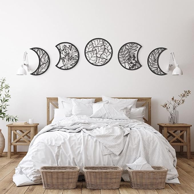 Jetec 5 Pcs Moon Phase Wall Art Decor Wall Pediments Hanging Wooden Phase Spiritual Bedroom Nordic Boho Lunar Aesthetic Art for Living Room Dorm Apartment Ornament(Black,10.6 Inch,Botanical)
