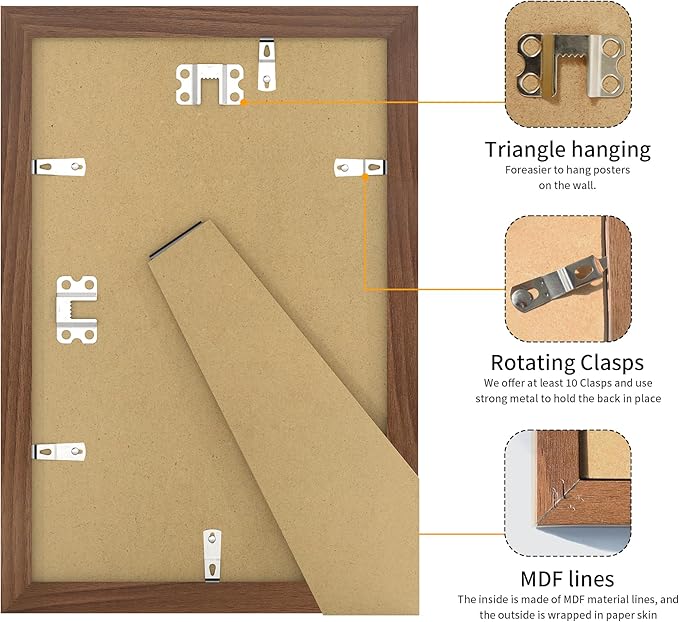8x12 Picture Frame 3 Pack - Brown Poster Frame Display Pictures 6x8 with Mat or 8 x 12 Without Mat for Wall Hanging Horizontal and Vertical