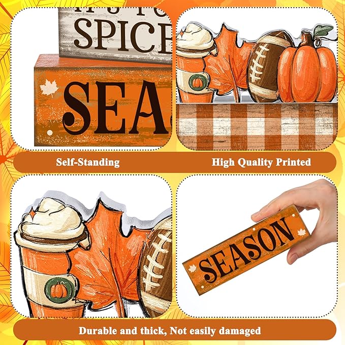 Lineshading 4 Pcs Fall Football Decorations for Home Thanksgiving Table Decor Fall Tiered Tray Decor Decorative Football Maple Leaves Pumpkins Block Signs Farmhouse Thanksgiving Centerpiece for Home