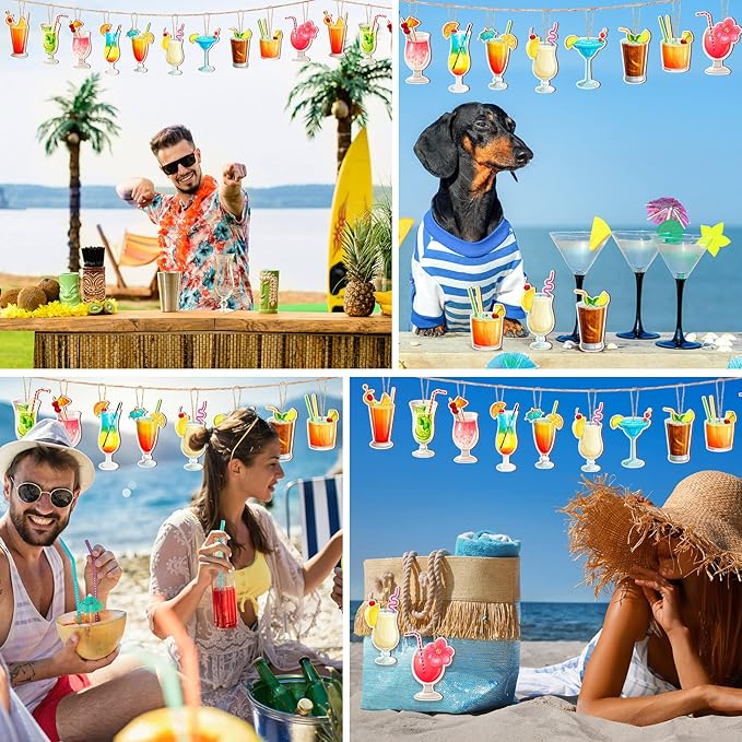 Geelin 36 Pcs Summer Wood Hanging Ornaments for Tree Mini Tree Decorations Hawaiian Beach Wooden Pendant Decorations with String for Luau Party Supplies(Cocktail)