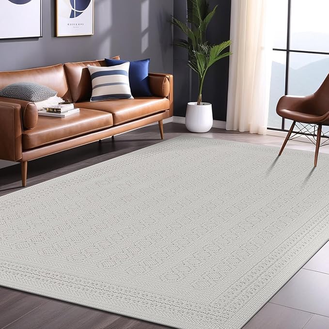 Micro Loop Indoor Rug White 6x9 Boho Geometric Neutral Area Rugs for Living Room Soft Luxury Modern Low and High Pile Durable Stain Resistant Non-Shedding Indoor Area Carpet 6 x 9