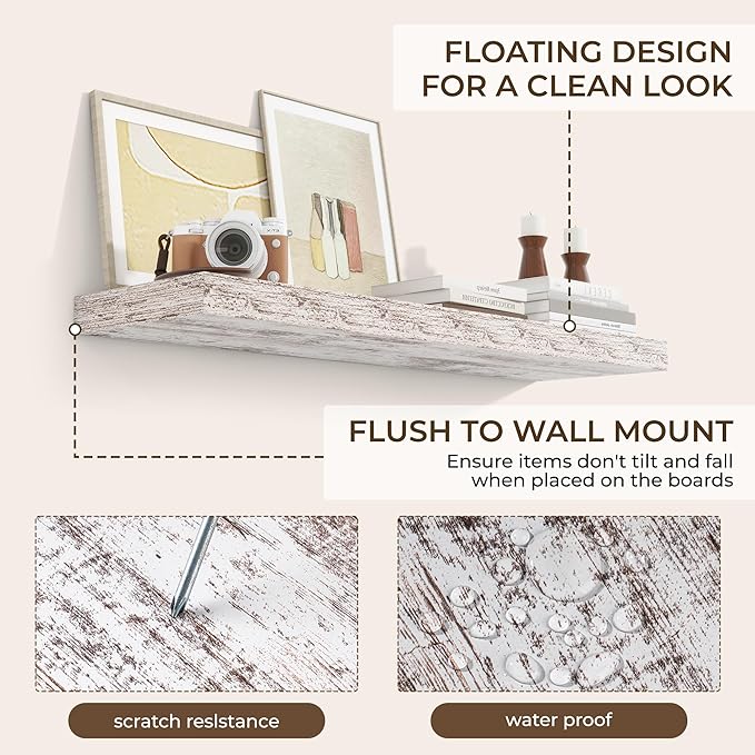 RICHFOCUS 40Inch Floating Shelves for Wall 1 Pack Shelves for Bedroom|Kitchen|Bathroom|Laundry Room Rustic Wood Wall Mounted Shelf with Invisible Brackets for Books|Storage|Decor, Rustic White