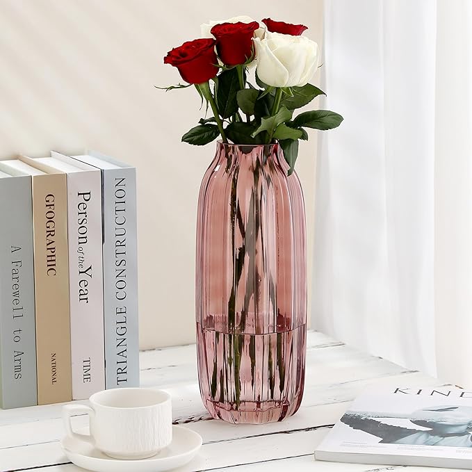 Large Ribbed Tall Pink Glass Vase - 12.0" Decorative Floor Vase for Home Table Centerpieces and Farmhouse