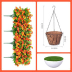 Artificial Flowers with Hanging Basket, Outdoor Faux Plants Silk Morning Glory Vines, Fake Green Arrangement for Garden Patio Spring Summer Decor(Orange)