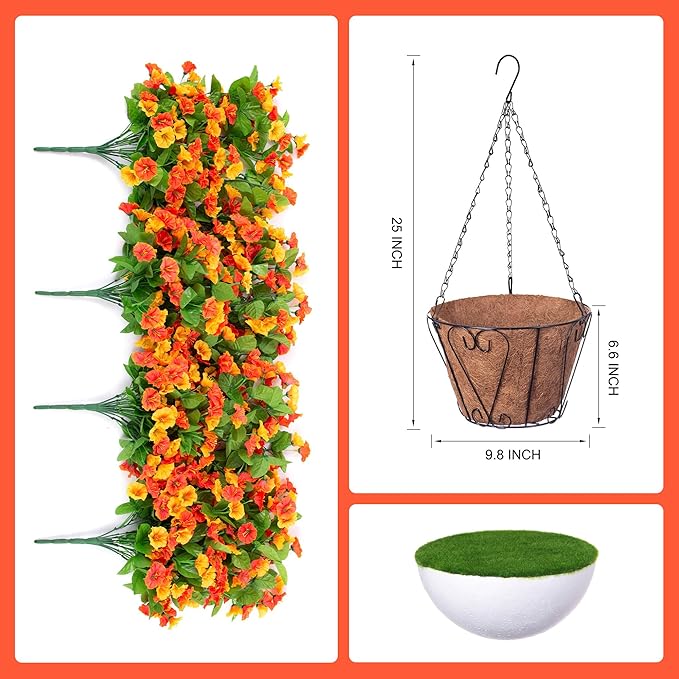 Artificial Flowers with Hanging Basket, Outdoor Faux Plants Silk Morning Glory Vines, Fake Green Arrangement for Garden Patio Spring Summer Decor(Orange)