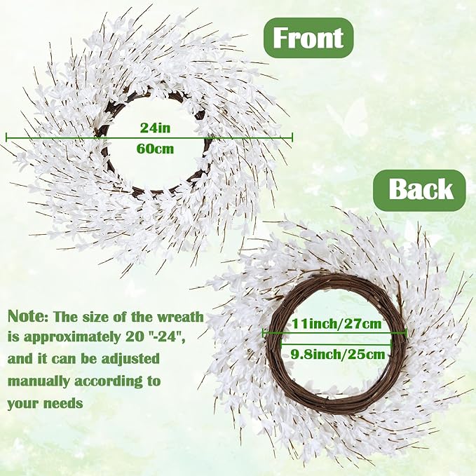 GTIDEA 24" Summer Wreaths for Front Door, Artificial White Forsythia Flower Wreath on Grapevine, Floral Wreath for Home Indoor Outdoor Wall Window Garden Porch Farmhouse Summer Door Decor