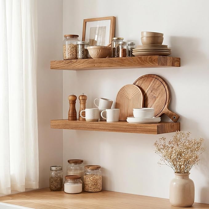 Marsmiles 16 inch Floating Shelves for Wall Solid Elm Wood Shelves|Rustic Wall Shelves with Heavy-Duty Invisible Bracket for Bathroom Living Room Kitchen|Natural, 2 Pack