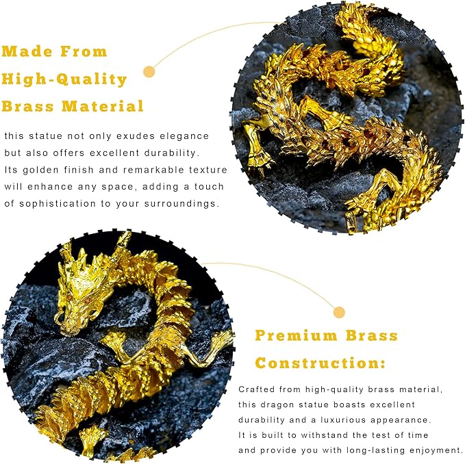 LIYAOLI Golden Dragon 3D Articulated Dragon 2024 Chinese Dragon Statue Metal Gold Dragon 15 Inch Luck Dragon for Home Office Desk Decoration