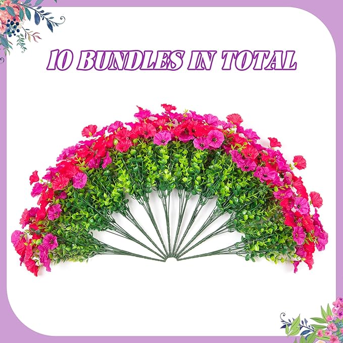 Artificial Flowers for Outdoors, 10 Bundles Fake Plastic Flower Plant, Faux Colorful Silk Morning Glory Eucalyptus for Spring Summer Outside Garden Porch Front Door Decor, Hot Pink Purple
