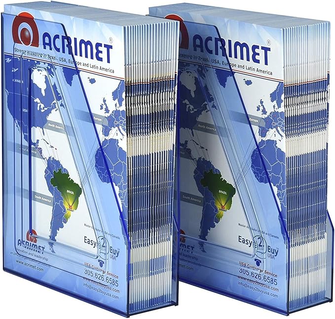 Acrimet Magazine File Holder Bin Storage, Vertical Rack for Documents, Folders and Mail, Durable Plastic Desk Organizer for Office & Home (Clear Blue Color) (2 Pack)