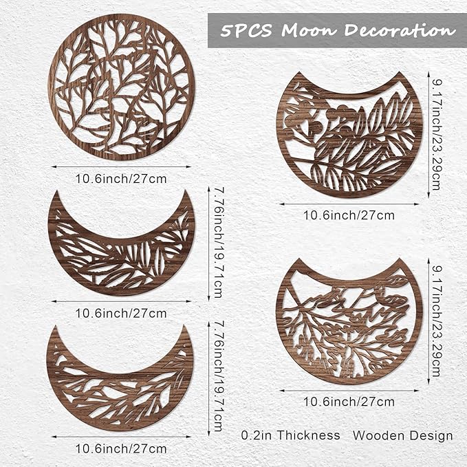 Jetec 5 Pcs Moon Phase Wall Art Decor Wall Pediments Hanging Wooden Phase Spiritual Bedroom Nordic Boho Lunar Aesthetic Art for Living Room Dorm Apartment Ornament(Brown,10.6 Inch,Botanical)