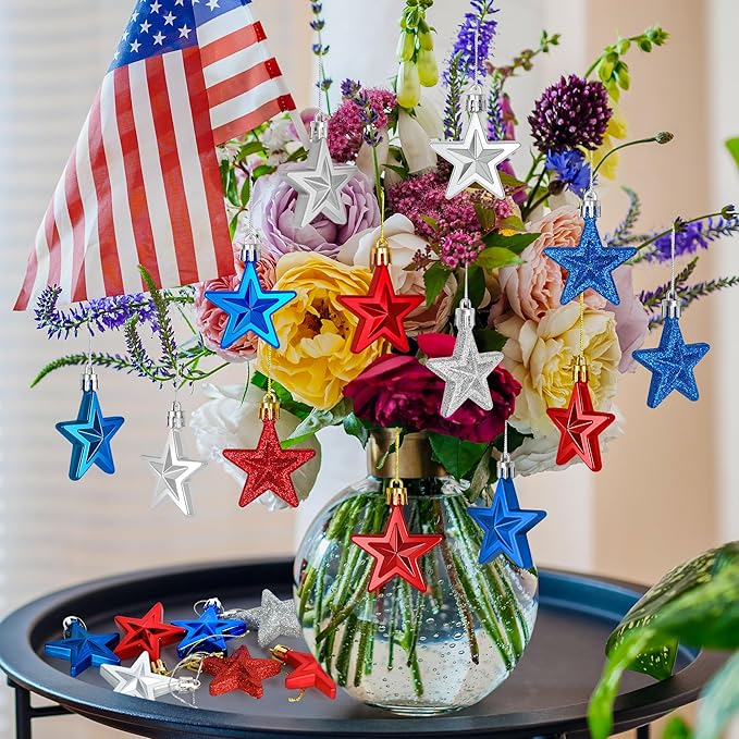 48PCS Fourth of July Decorations for Tree, America Star Ornaments, Pre-Assembled Patriotic Star Ornaments, Red Silver and Blue 250 Anniversary USA Merchandise for Independence Day Memorial Day Decor