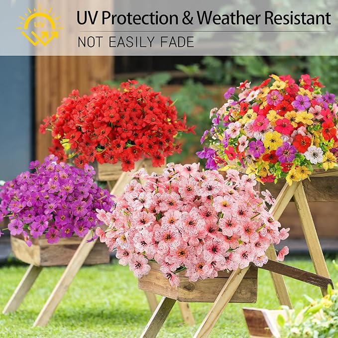 MACTING Artificial Flowers for Outdoors 12 Bundles Fake Flowers UV Resistant Faux Plastic Plants No Fade for Hanging Planters Window Patio Porch Garden Home Indoor Outside Decorations,Pink