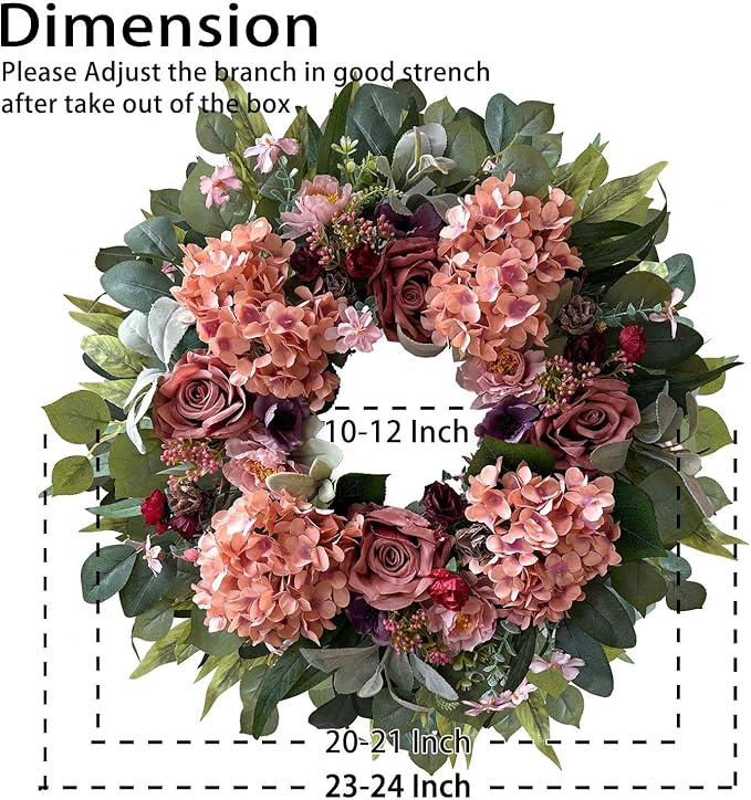 WANNA-CUL 24 Inch Spring Hydrangea Wreaths for Front Door,Pink Rose Peony Floral Door Wreath for Mother’s Day Valentine Wedding Year Round Indoor Outdoor Wall Decor