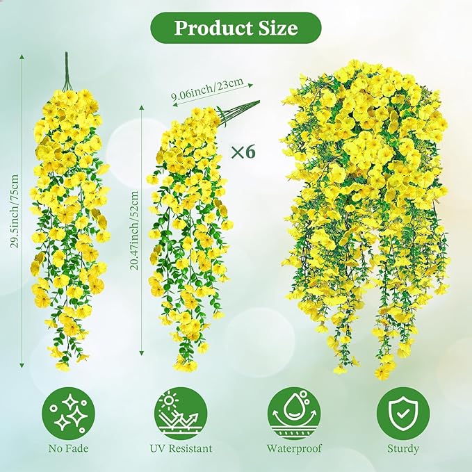 Artificial Hanging Flowers for Outdoors, 6 PCS Silk Morning Glory Artificial Flowers with Eucalyptus Leaves, UV Resistant Fake Flower Realistic Faux Plants for Home Patio Porch Garden Decor, Yellow