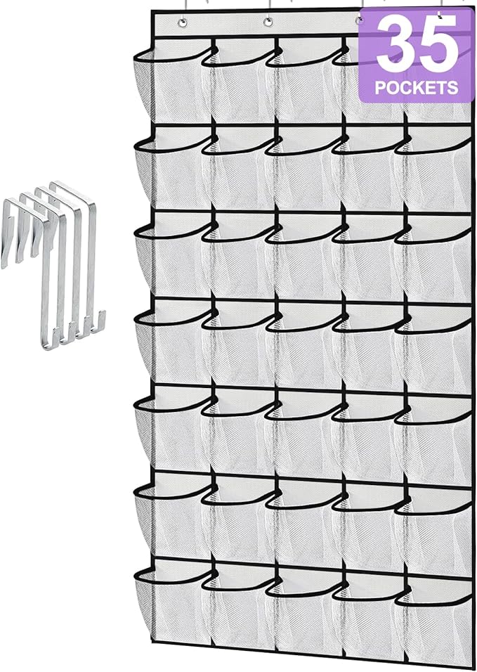 homyfort 35 Large Pocket Over the Door Shoe Organizer, Extra Sturdy Oxford Fabric Hanging Shoe Rack for Door Closet, Wall Mesh Shoe Storage Holder for Mens Women Shoes (White)