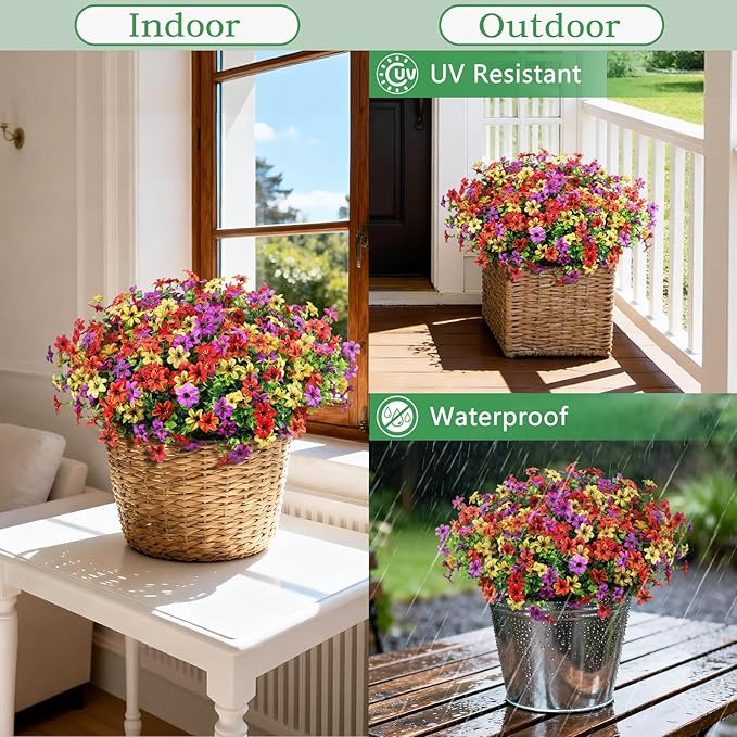24 Bundles Artificial Flowers for Outdoors Realistic Faux Silk Flower with Eucalyptus Stem, Fake Plants UV Resistant No Fade for Outside Planter Porch Patio Yard Window Garden Spring Summer Decoration