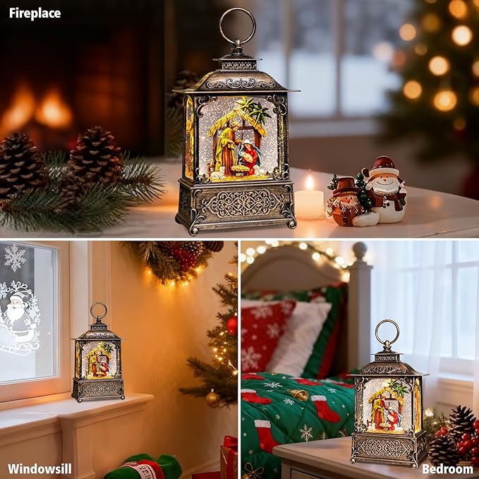 Christmas Snow Globes Lantern with Music, Jesus Christ Nativity Scene Snow Globe with Swirling Glitter Effects, USB/Battery Powered with 6-Hour Timer, Christmas Decorations