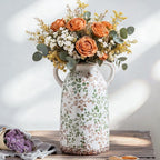 Enra Large Vintage Green and Beige Ceramic Chinoiserie Floral Vase, 11.2 Inch Rustic Decorative Flower Vase for Home, Living Room, Kitchen, or Office – Pastoral Retro Design