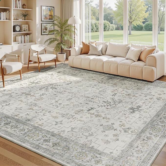 Lessymo 8x10 Area Rugs for Bedroom, Large Washable Rug for Living Room Dining Home Office, Soft Non-Slip Vintage Floral Neutral Carpet, Boho Neutral Farmhouse Decor, Taupe Grey