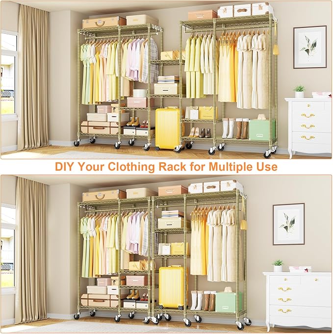 Ulif F4R Heavy Duty Clothes Rack(With Lockable Wheels )Rolling Clothing Racks for Hanging Clothes，Adjustable Closet Organizer System，Portable Garment Rack 45"W x 15.8"D x 73.5"H，Max Load 650LBS,Gold