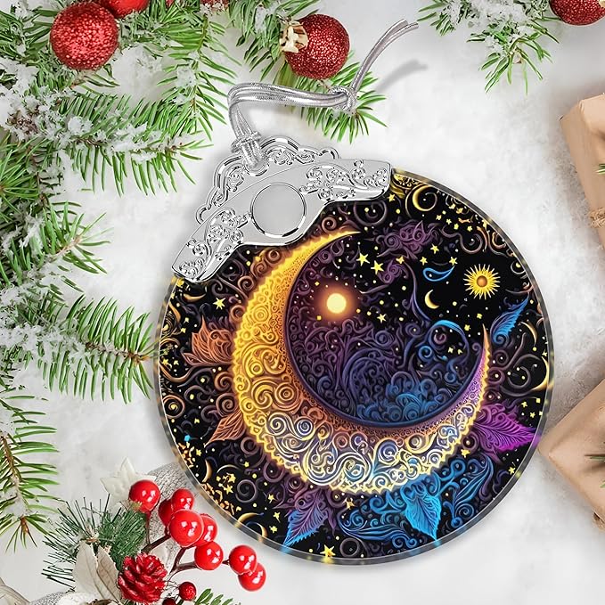Stained Glass Ornaments - Sun and Moon Christmas Ornaments - Christmas Decorations for Tree - Holiday Present Ideas - Gift Exchange