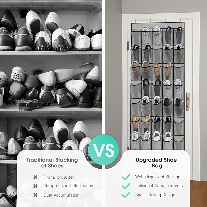 WVM Over the Door Shoe Organizer with 35 Breathable Mesh Pockets, Hanging Shoe Organizer for Door with 4 Metal Hooks, Large Capacity Closet Storage for Shoes, Accessories, Grey