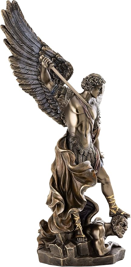 Top Collection Archangel St. Michael Statue - 14.5-Inch Saint Michael Defeating Lucifer in Religious Premium Cold-Cast Bronze Sculpture - Collectible Angel of Heaven Stepping on Demon Figurine