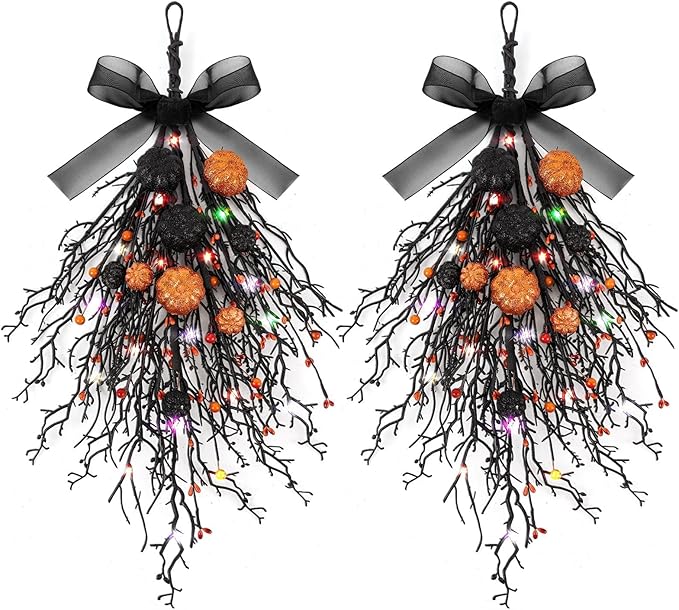 2 PCS Halloween Wreaths Halloween Floral Teardrop Swags Hanging Swag Plants Black Garland with Pumpkin Berries and 9.8ft Lights for Indoor Outdoor Party Wall Home Room Fireplace Porch Window Decor