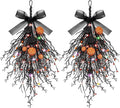 2 PCS Halloween Wreaths Halloween Floral Teardrop Swags Hanging Swag Plants Black Garland with Pumpkin Berries and 9.8ft Lights for Indoor Outdoor Party Wall Home Room Fireplace Porch Window Decor