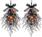 2 PCS Halloween Wreaths Halloween Floral Teardrop Swags Hanging Swag Plants Black Garland with Pumpkin Berries and 9.8ft Lights for Indoor Outdoor Party Wall Home Room Fireplace Porch Window Decor
