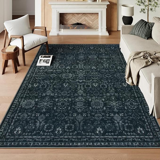 Lahome Washable Black Living Room Rug 6x9,Boho Dining Room Rugs for Under Table,Soft Stain Resistant Thin Carpets for Office Decor,Vintage Dark Carpet for Bedroom