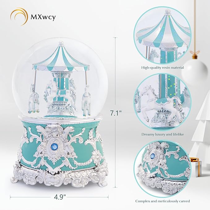 Carousel Music Box Silver Turquoise Christmas Snow Globes, 7.1" Glass Rotate Carousel Snow Globe for Kids & Adults, Classic Wind up Musical Snow Globe Valentines Day Gifts, Carousel Horse Home Decor