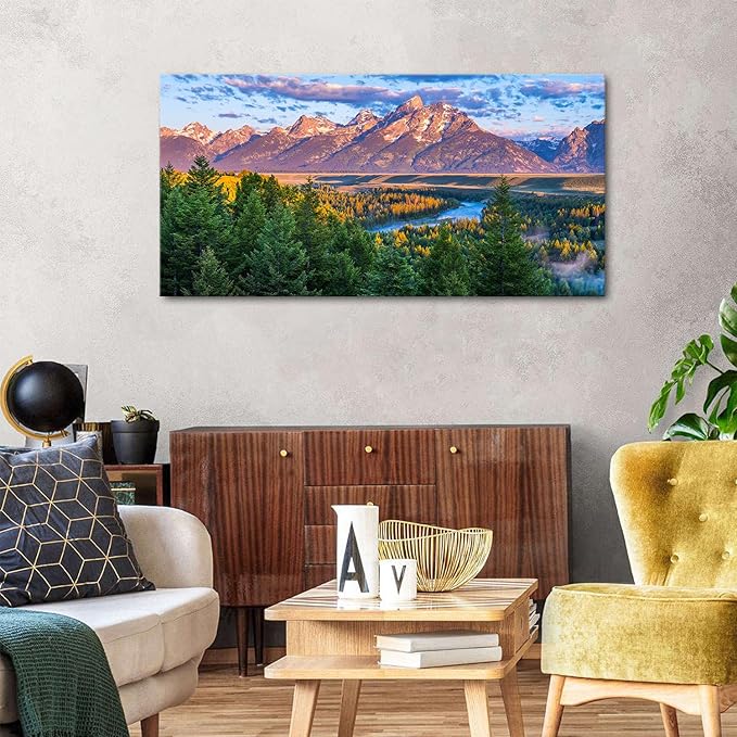 AIYISU Grand Teton Mountain Wall Art Sunset Nature National Park Posters Oxbow Bend Snake River Landscape Wall Decor Wyoming Scenery Painting Artwork for Living Room Office Home Decoration 24x48