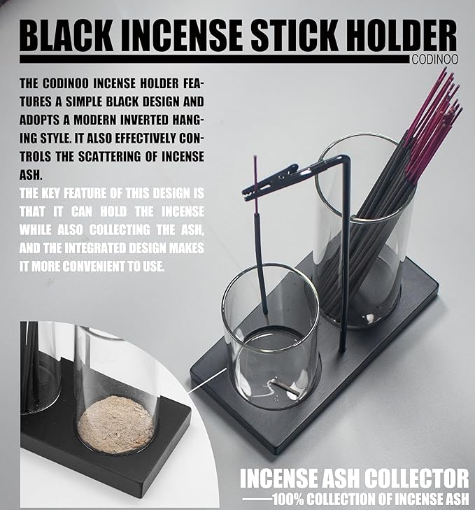 2 in 1 Incense Holder for Sticks Incense Burner Holder with Storage,Glass Upside Down Incense Holder for Sticks with Glass Ash Catcher for Meditation Yoga Spa Room Home Decor[Black]