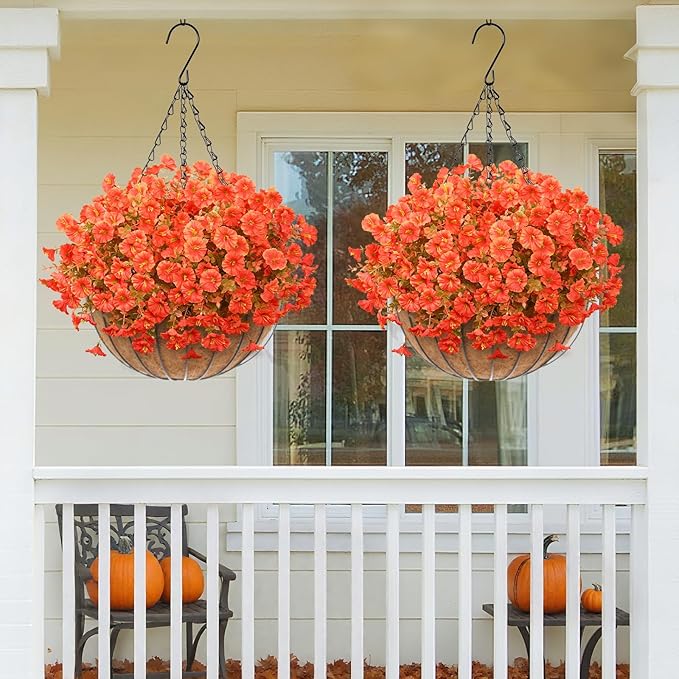 MARTINE MALL Artificial Fall Flowers for Outdoors, 24 Bundles Faux Fall Flower for Outdoor Planters, UV Resistant Fall Flowers Artificial for Outdoors Fake Autumn Petunias for Front Porch (Orange)