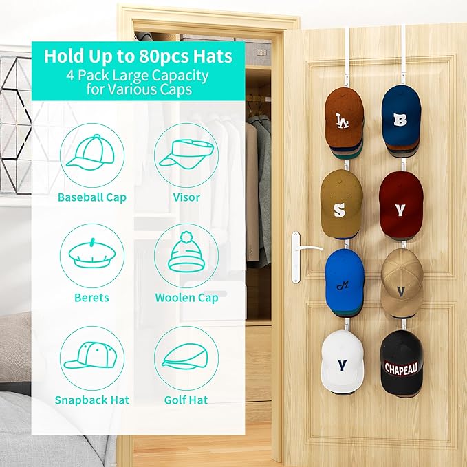 HapiRm Over Door Hat Rack - 4 Packs Metal Hanging Hat Organizer with 16 Hooks Design, Baseball Cap Hanger Organizer Storage Holds up to 80 Caps for Door, Bedroom, Closet(White)