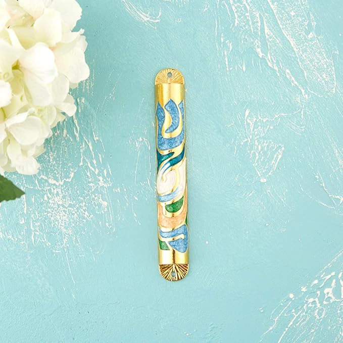Matashi Gold Hand Painted Enamel 6 inch Mezuzah Embellished with Hebrew Shin Home Door Wall Decor Home Décor Jewish Holiday Housewarming Present House Blessing Gift for Holiday Festival