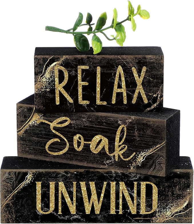 Moucuny 4 Pcs Black and Gold Bathroom Shelf Decor Sign Farmhouse Bathroom Decor and Accessories Rustic Eucalyptus Leaves Block Sign Gift Relax Soak Unwind Farmhouse Table Centerpiece for Home Toilet