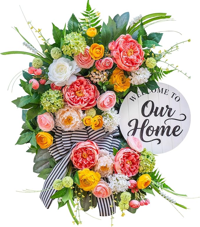 Spring Summer Wreaths for Front Door 24 Inch, Half Moon Wreath with Peony, Rose & Dalia, Outdoor Spring Wreaths for Front Door Outside, Summer Wreath for Front Door Farmhouse Welcome Sign Door Decor