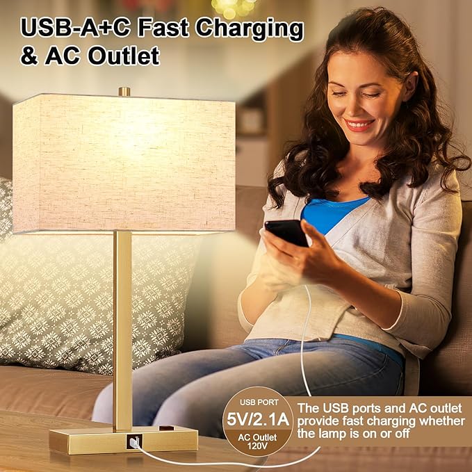 Lynnoland 21" Set of 2 Table lamp with USB A+C & AC Outlets, Touch Control 3-Way Dimmable Nightstand Lamps for Living Room Bedroom Office Reading, Linen Shade Touch Lamps, 3000K LED Bulbs Included