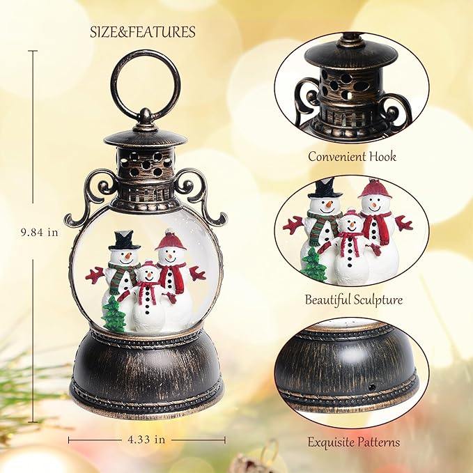 Christmas Snow Globes, Christmas Snowman Snow Globes Lantern with 8 Songs, 6H Timer Battery & USB Powered Glitter Music Box for Christmas Table Decorations Home Decor