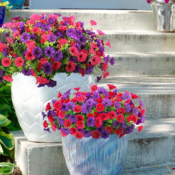 12 Bundles Morning Glory Artificial Flowers for Outdoor Decoration UV Resistant Fake Plastic Plants Artificial Greenery for Indoor Outdoor Garden Patio Window Box Home Decor