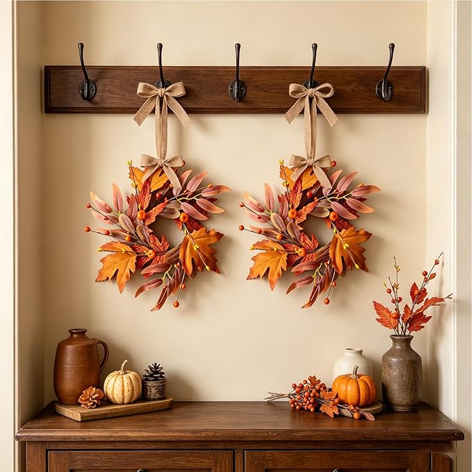 6 PCS Mini Fall Wreaths for Kitchen Cabinet 9 Inch Fall Maple Leaf Wreath for Front Door Small Autumn Hanging Wreath Thanksgiving Candle Ring for Farmhouse Home Porch Wall Window Table Decoration