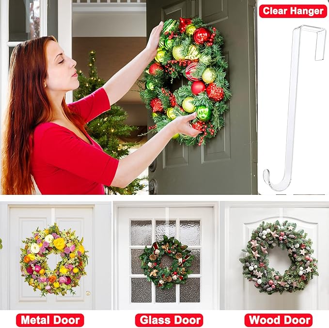 Wreath Hangers for Front Door,12" Clear Wreath Door Hanger,2 Pack Wreath Hanger Non Scratch Over The Door Hooks Easter Christmas Decorations Indoor Outdoor,Welcome Sign for Front Door Decor